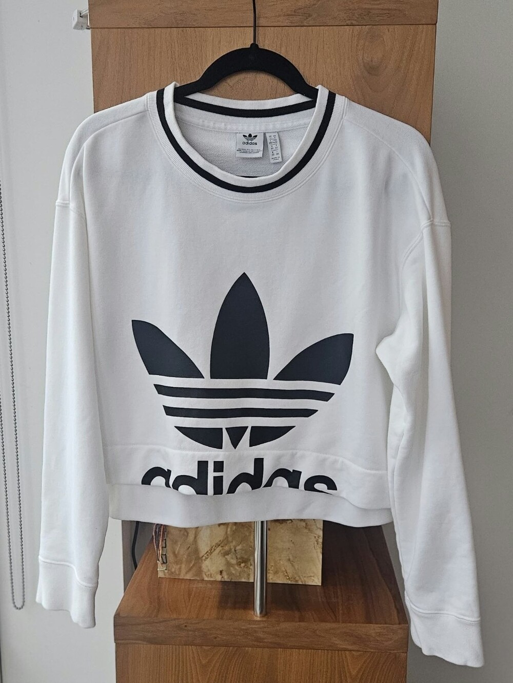 adidas White Cropped Sweatshirt with Black Trefoil